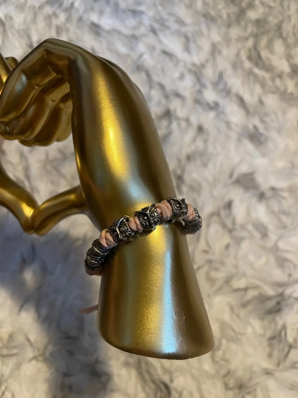 Boho Owl Beaded Suede Tie Bracelet - Pale Pink